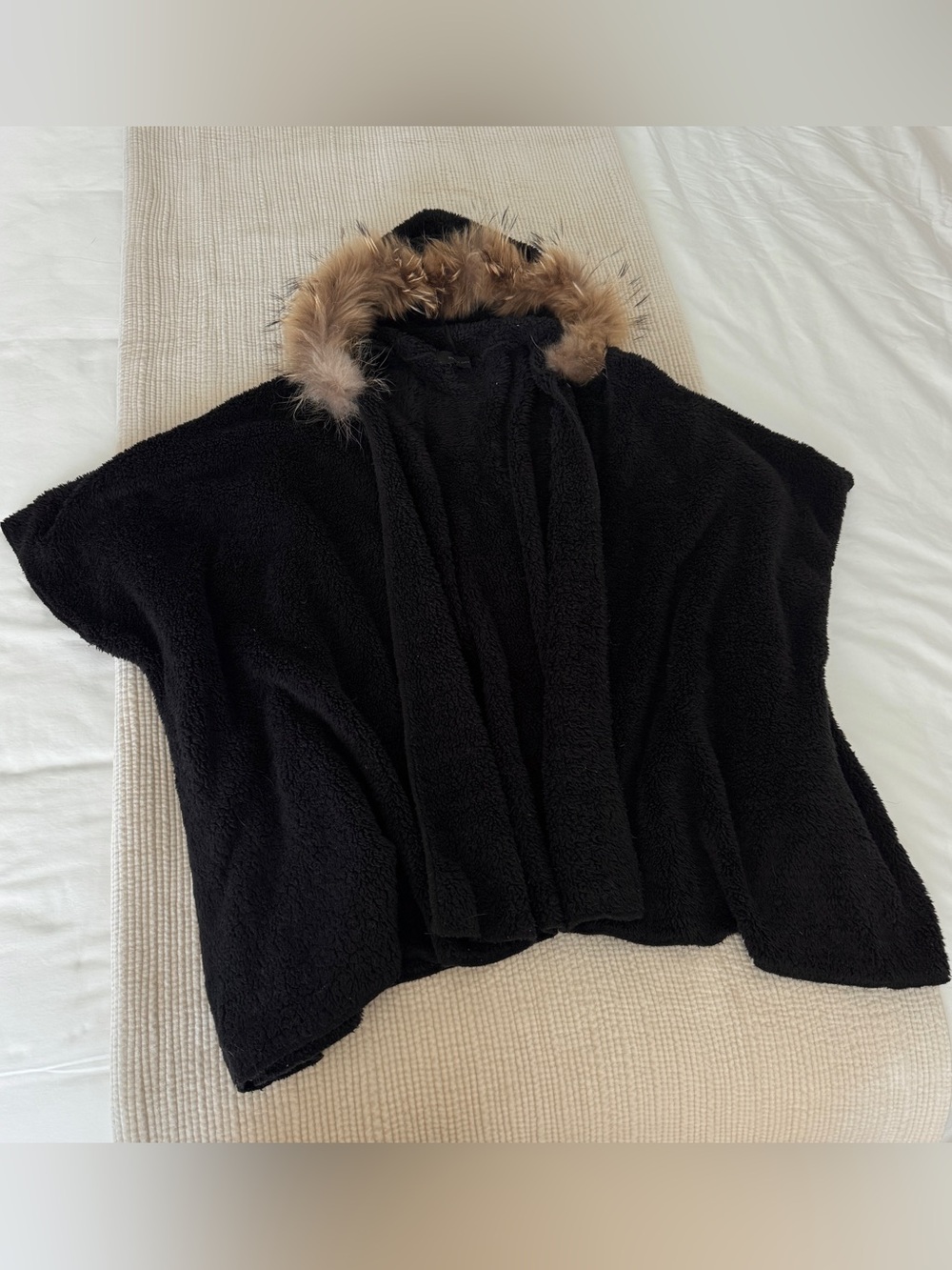 Black Hooded Poncho/Cape with Brown Genuine Fur Trim, One Size